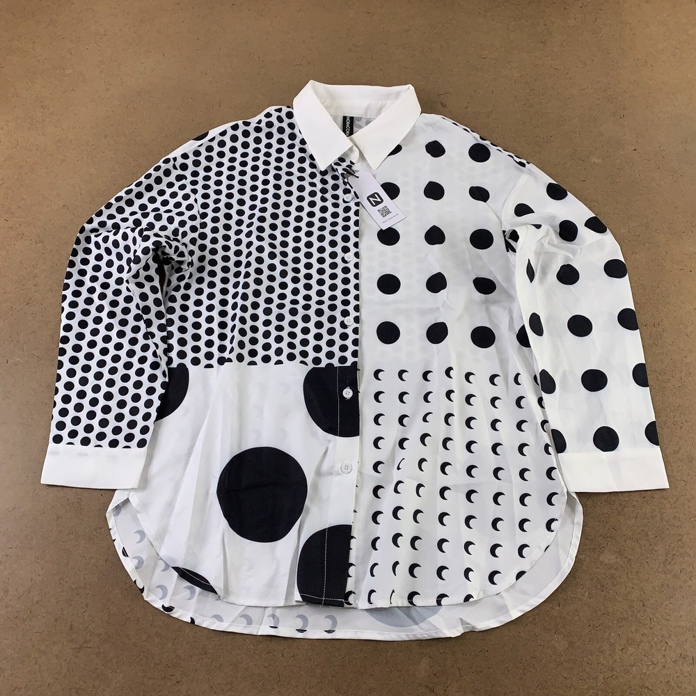 Noracora Women's Small Black & White Polka Dot Long Sleeve Button Front Top NWT